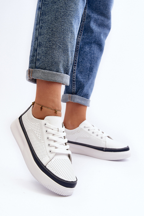 Жіноче шкіряне спортивне взуття Кросівки біло-сині Failla