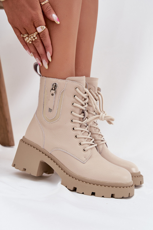 Шкіряні жіночі ботильйони на каблуці Vinceza 86418 бежеві