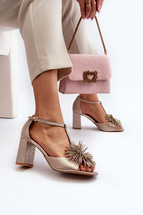 Шкіряні босоніжки з декором на каблуці Laura Messi 2758 Gold