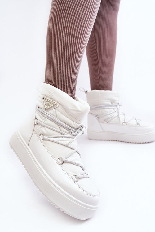 Жіночі снігові черевики на платформі та шнурівці білого кольору