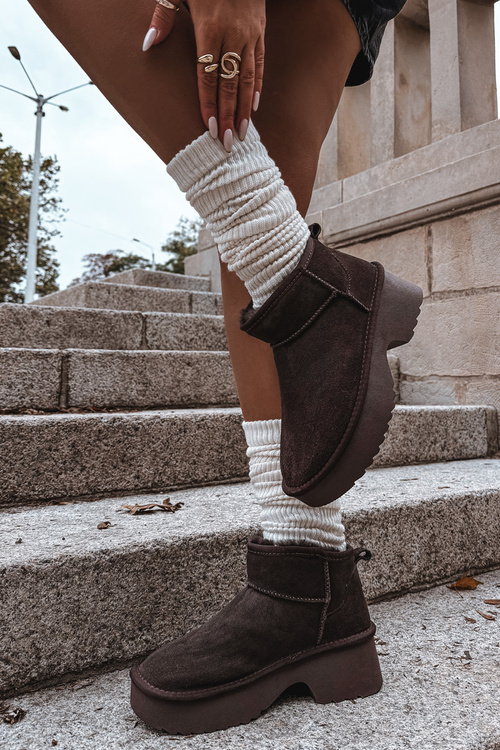 Жіночі зимові черевики/ Угги з натуральної замші утеплені хутром шоколадні Milora