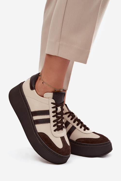 Шкіряні жіночі кросівки на платформі Zazoo 3775 бежево-шоколадні