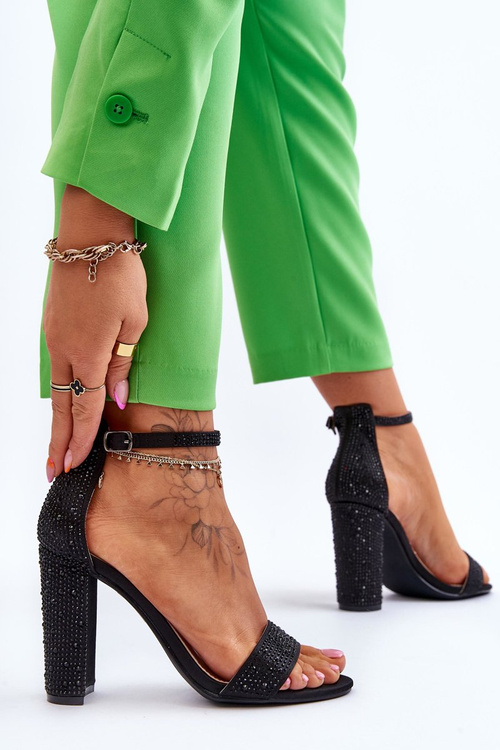 Жіночі босоніжки на високих підборах з цирконами, чорні ідеальні