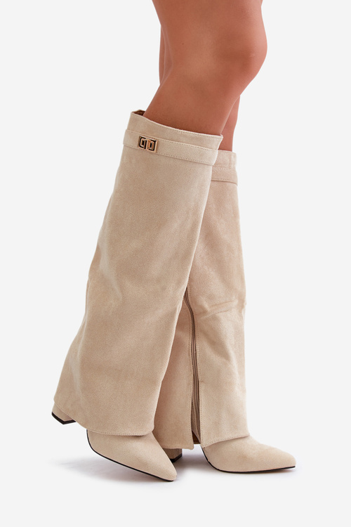 Жіночі еко-замшеві чоботи з підгорнутим верхом на підборах бежеві бралізе