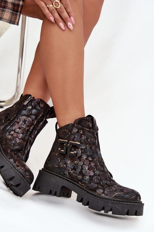 Шкіряні жіночі ботінки з оздобленням підкладені Artiker 57C2084 Чорно-золоті