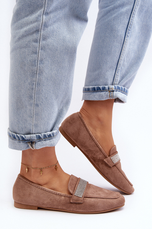 Жіночі мокасини з цирконами світло-коричневого кольору Ralrika