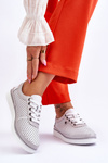 Модні шкіряні ажурні кросівки біло-сріблясті Cantare