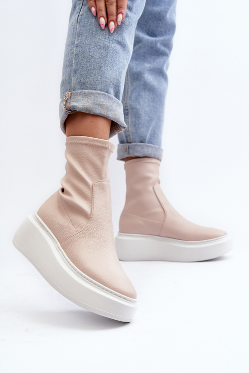 Жіночі шкіряні ботильйони Zazoo 3395 на масивній платформі бежеві