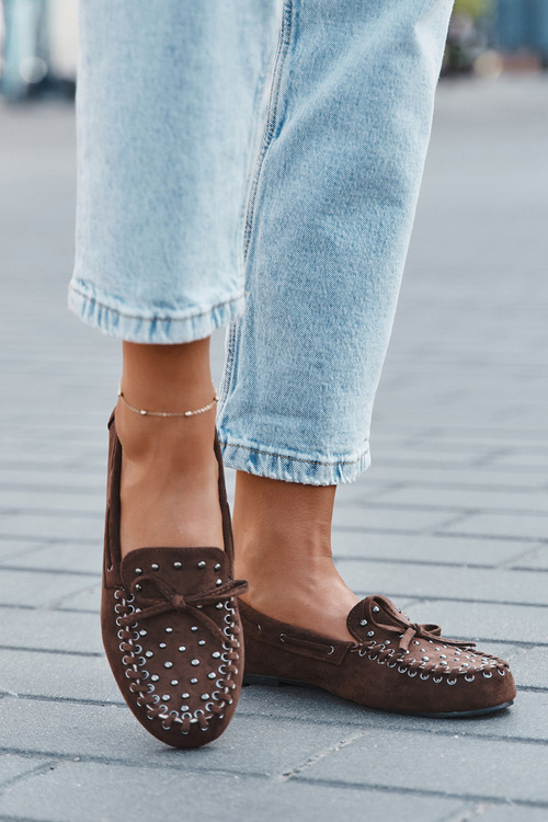 Прикрашені жіночі мокасини з еко замші коричневі Prissine