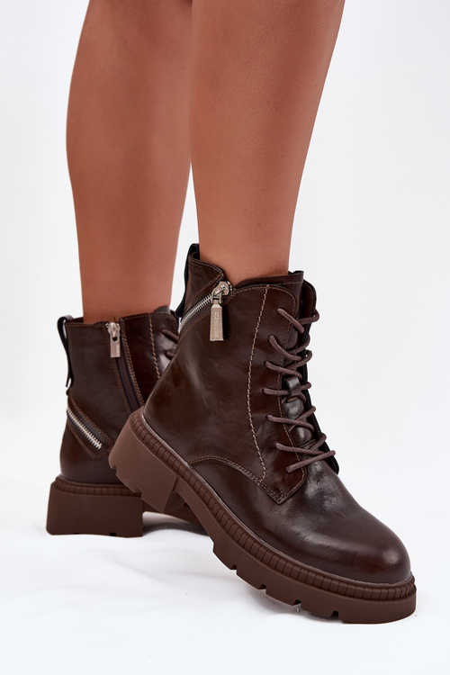 Шкіряні жіночі робочі ботінки з підкладкою Big Star SS274453 коричневі