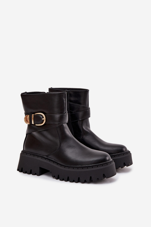 Теплі жіночі ботінки з золотою пряжкою Чорні Elanore