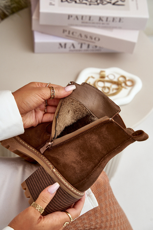 Жіночі утеплені чоботи на підборах з еко-замші коричневого кольору Irissinae