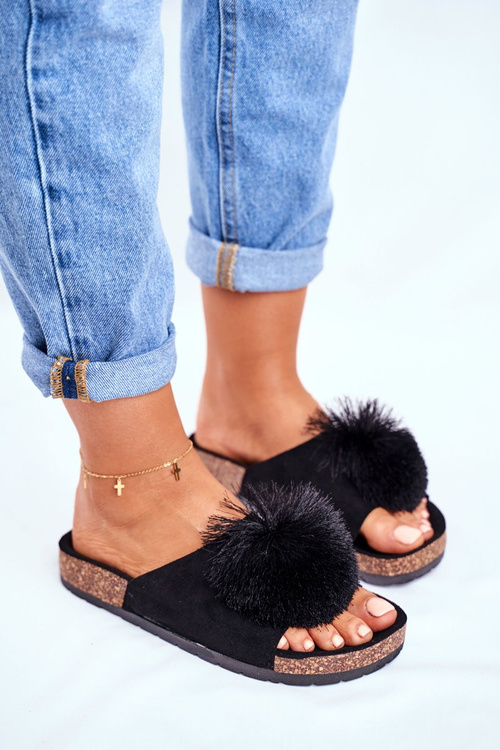 Чорні жіночі шльопанці з помпоном Galaxo