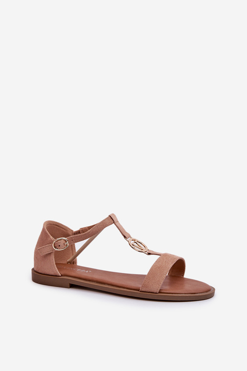 Жіночі босоніжки на плоскій підошві з золотим орнаментом Vinceza 17321 Бежеві