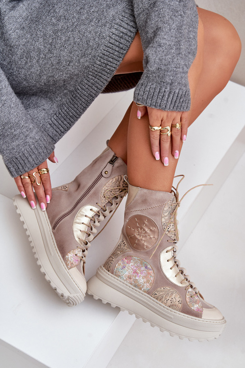 Шкіряні замшеві ботильйони на платформі утеплені Maciejka 06565-04 Бежеві