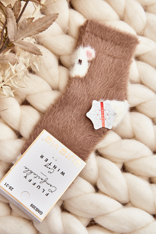 Коричневі дитячі пухнасті шкарпетки з ведмедиком