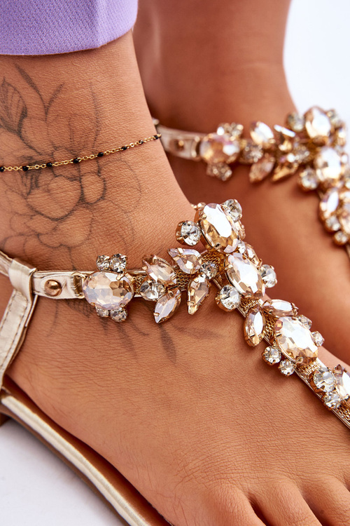 Жіночі босоніжки В'єтнамки з камінням золото Lenisa