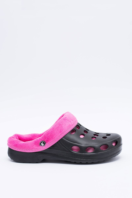 Жіночі шльопанці утеплені чорно-рожеві Kroks EVA