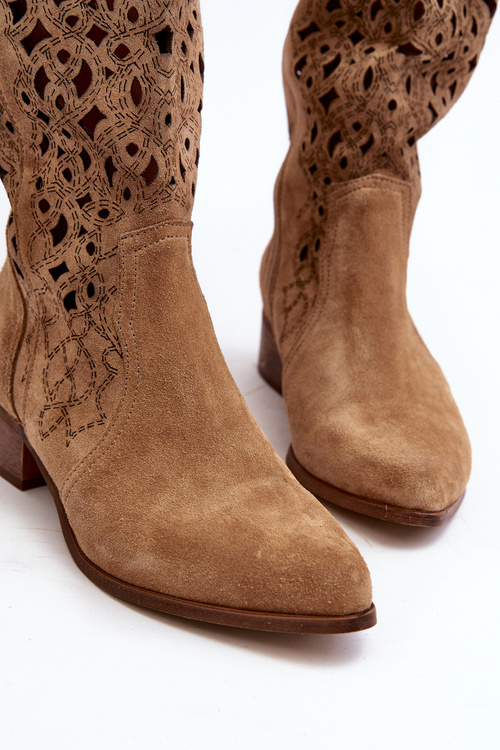 Ажурні жіночі чоботи Zazoo 3403 на низькому каблуці бежеві