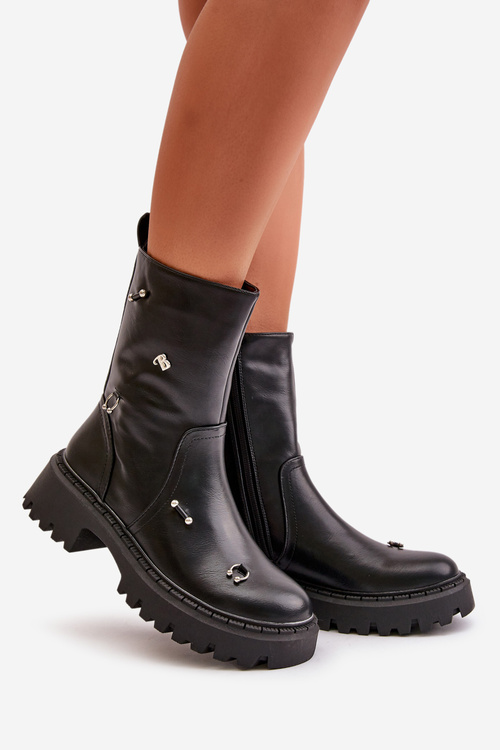 Жіночі ботильйони з екошкіри на блискавці та декоративних деталях Black Reritha