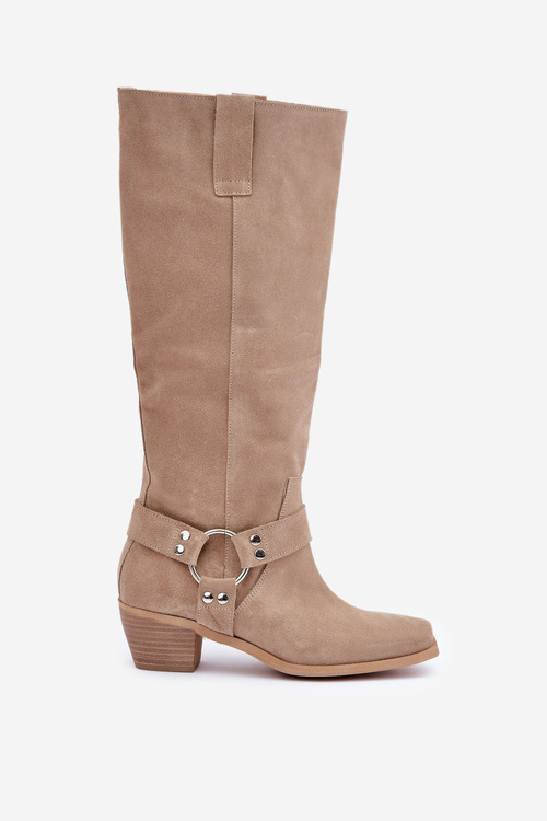 Замшеві Чоботи З Низьким Каблуком З Чоботом Під Коліно Світло Бежеві Зазу 3444/O