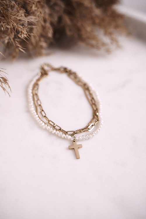 Жіночий Браслет З Перлами і Хрестом Золотий Карі