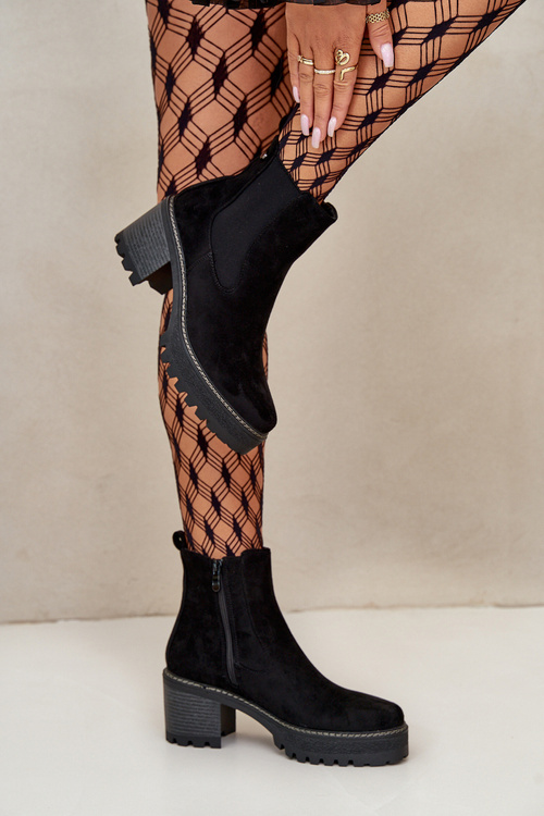 Жіночі теплі ботильйони на каблуці Еко Замша Чорні Irissinae