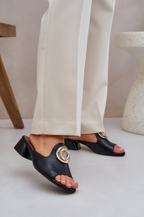 Елегантні Жіночі Сандалі На Низькому Каблуці З Декорацією Чорні Feledis