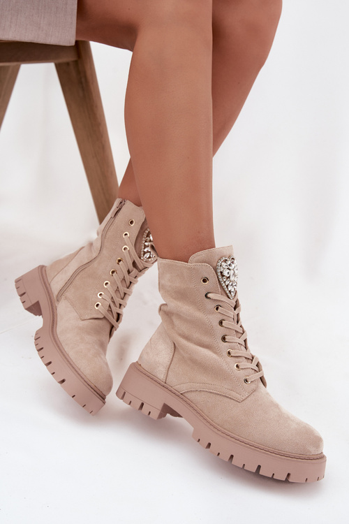 Жіночі робочі черевики з кристалами на язичку бежеві Rosira