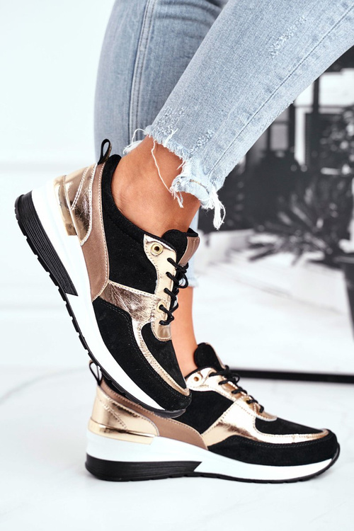 Шкіряні кросівки на танкетці Vinceza 7777 чорно-золоті