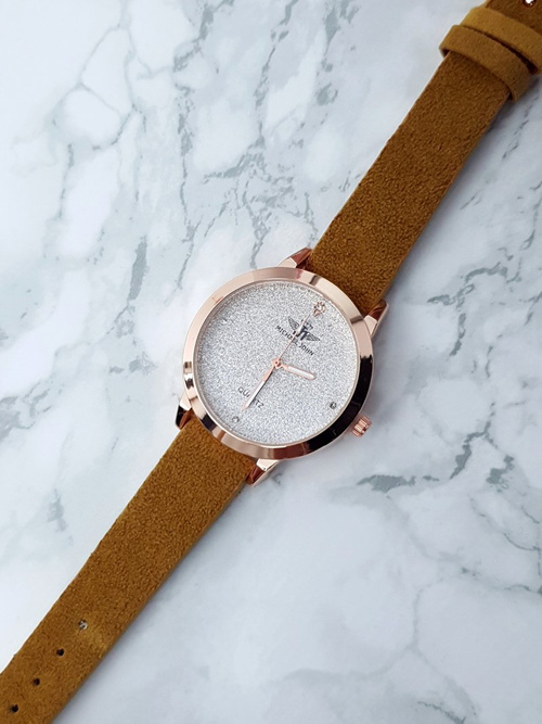 Жіночий годинник Michael John Evento, гірчичний, замшевий і парчовий ремінець