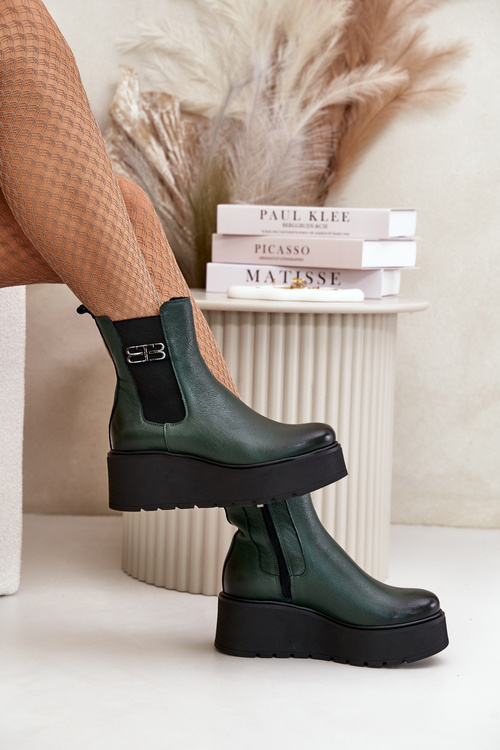 Жіночі ботильйони Chelsea на платформі та танкетці Zazoo 60498 темно-зелені