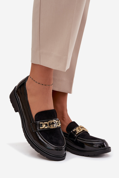 Лаковані жіночі мокасини з золотою прикрасою S.Barski HY52-540 Чорний