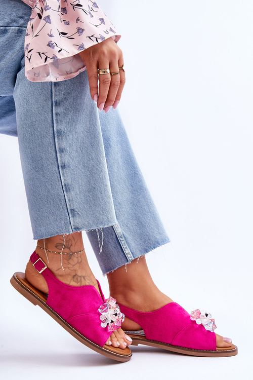 Жіночі замшеві босоніжки з камінням кольору фуксії Mersea