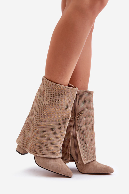 Декоровані блискучі ботильйони з точеним носком на каблуці, утеплені, бежевого кольору Xistaria