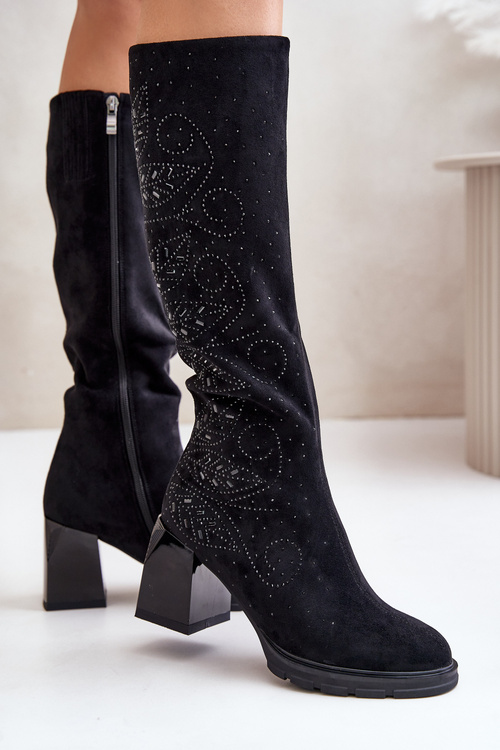 Декоровані жіночі чоботи на підборах, утеплені, чорні MR880-158