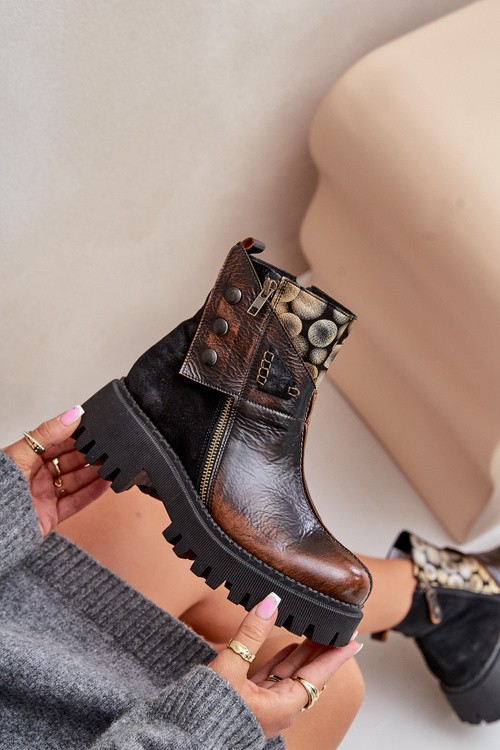 Шкіряні утеплені ботильйони на платформі та підборах Maciejka 06140-25 золото-чорні