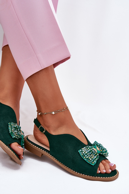 Жіночі Сандалі З Бантом На Низькому Каблуку S.Barski KV51-014 Зелені