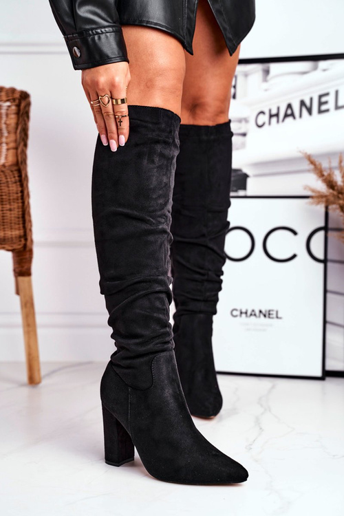 Жіночі високі чоботи замшеві чорні поместро