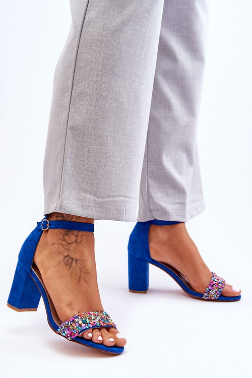 Модні босоніжки з камінням на високих підборах синього кольору Love Me