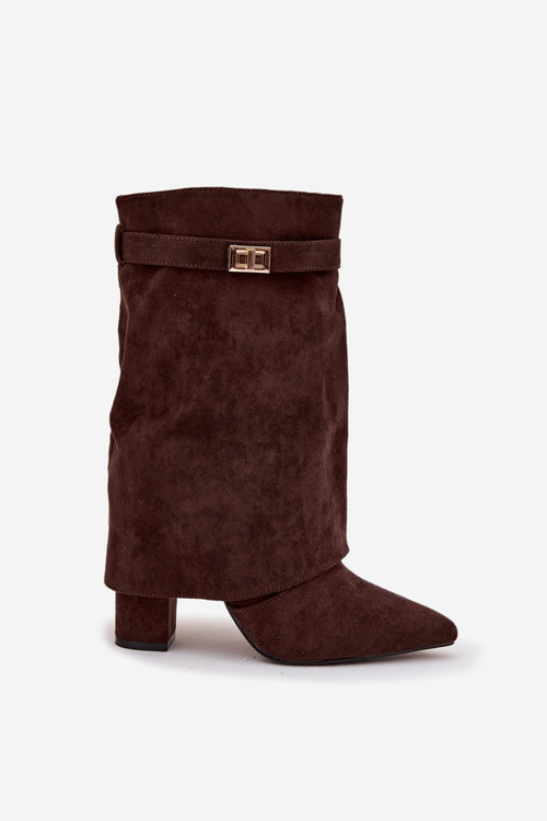 Теплі жіночі чоботи на каблуці з оздоблювальним ремінцем шоколадний Luvielle