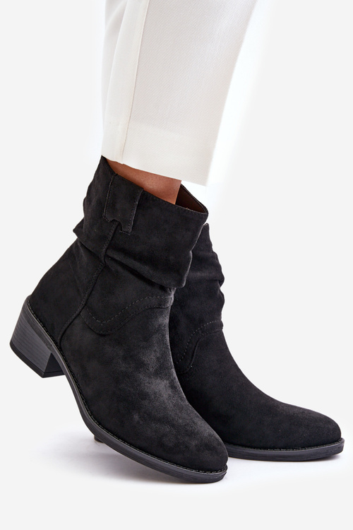 Теплі жіночі ботильйони з присборенным верхом на невисокому каблуці чорні Zinanya