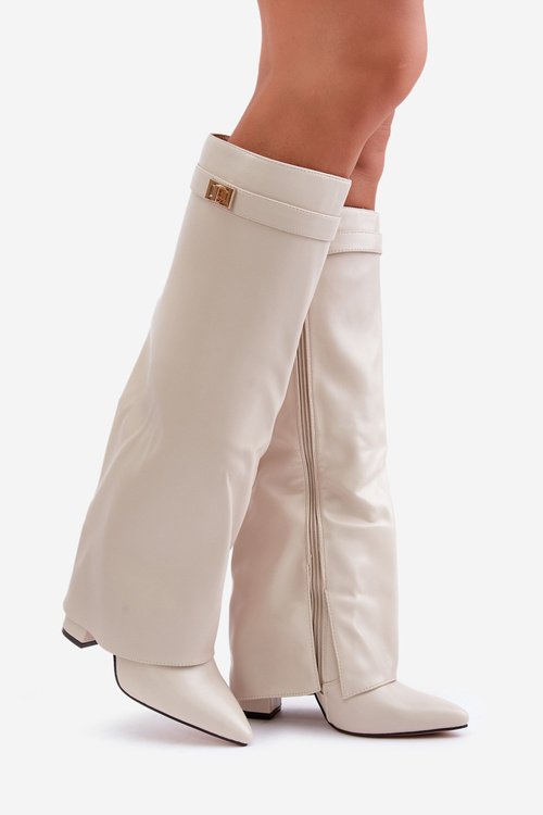 Чоботи жіночі з екошкіри на підборах світло-бежеві Avamora