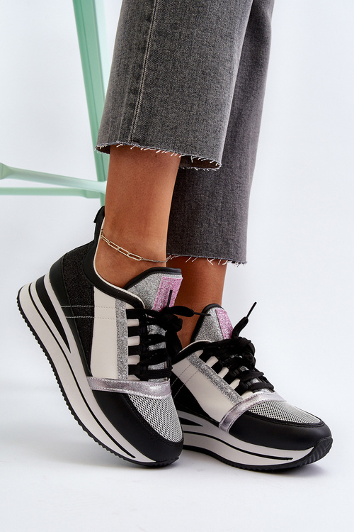 Жіночі кросівки на танкетці та платформі з чорними блискітками Rafani