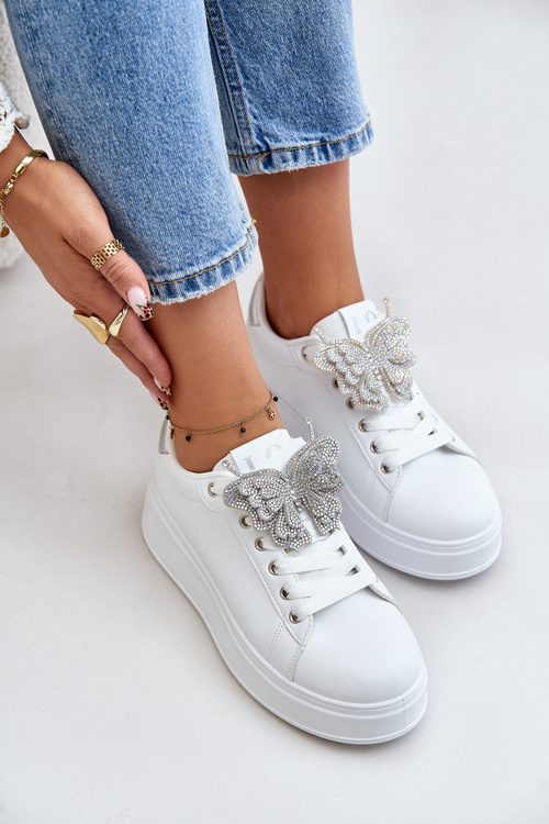 Жіночі кросівки на платформі з метеликом біло-сріблясті наритіві