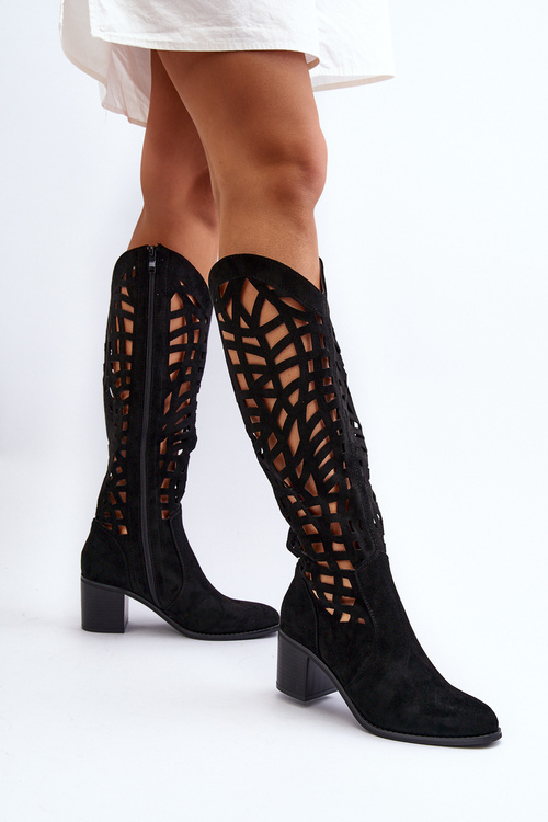 Чорні ажурні чоботи на підборах Pinkema