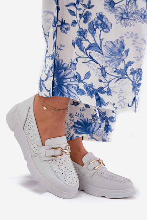 Жіночі Шкіряні Мокасини з Золотим Деталем Jasnoszare Vinceza 88007