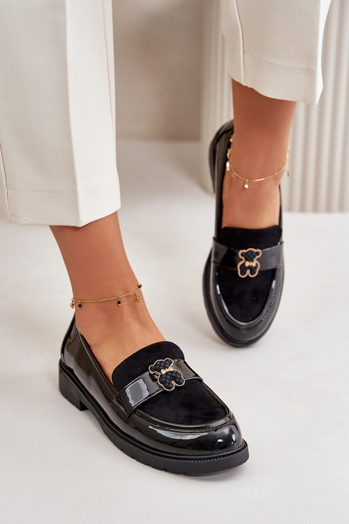 Лаковані жіночі мокасини з ведмедиком чорні S.Barski HY42-339A