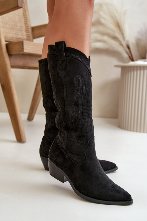 Жіночі ковбойські чоботи на низькому каблуці з чорної екозамші Ligelia