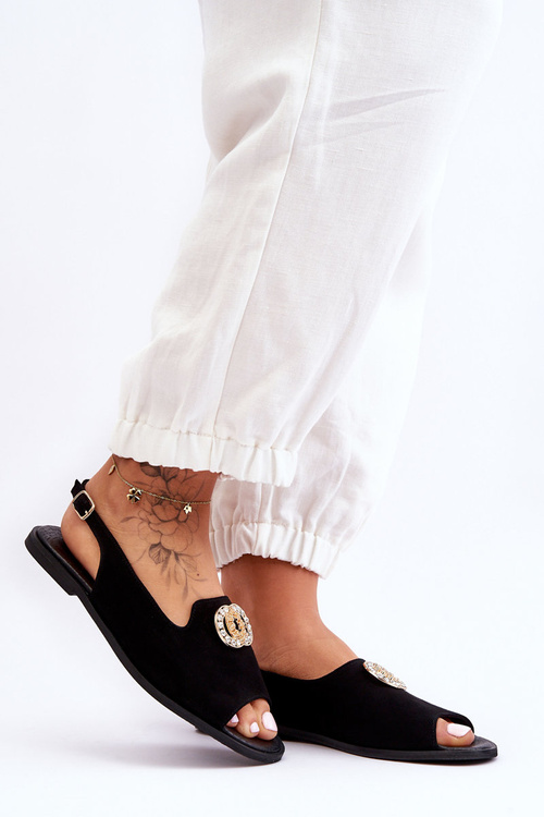 Замшеві босоніжки на плоскій підошві з декором Nicole 2744/002 Чорні